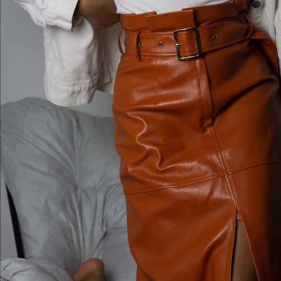 J.ING Vegan Leather Orange Midi Skirt - Picture 3 of 10